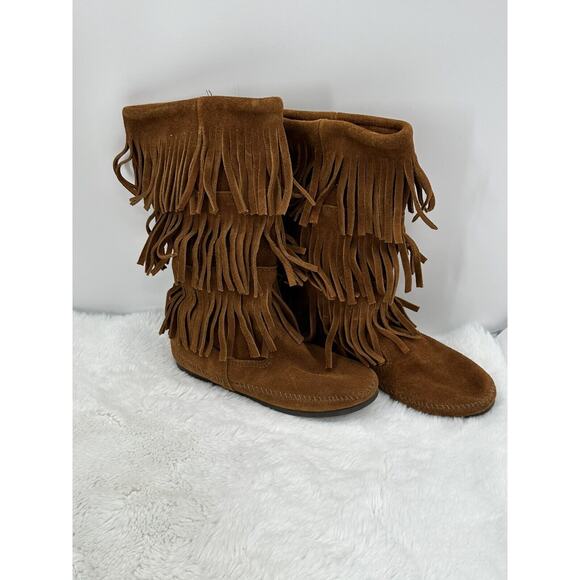 MINNETONKA 3-Layer Fringe Moccasin Mid-Calf High Boho Boot Women's Size 6 - Picture 2 of 15